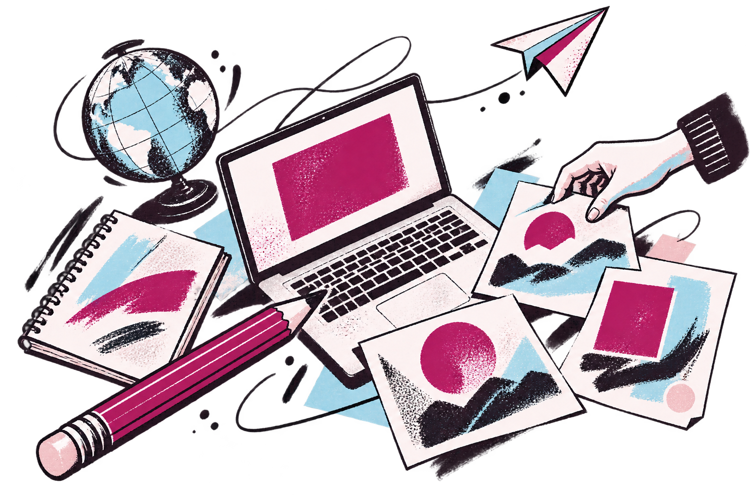企画ノート、パソコン、デザインした資料が並ぶ制作道具のイラスト